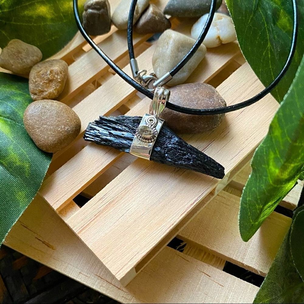 Black Kyanite & Herkimer Diamond Solid Sterling Silver Pendant Necklace